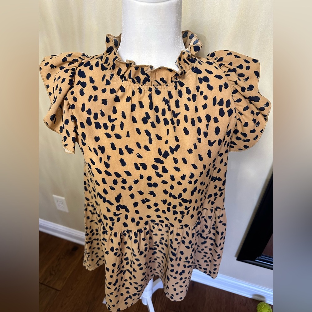 Entro Tan and Black Animal Print Ruffle Blouse Small